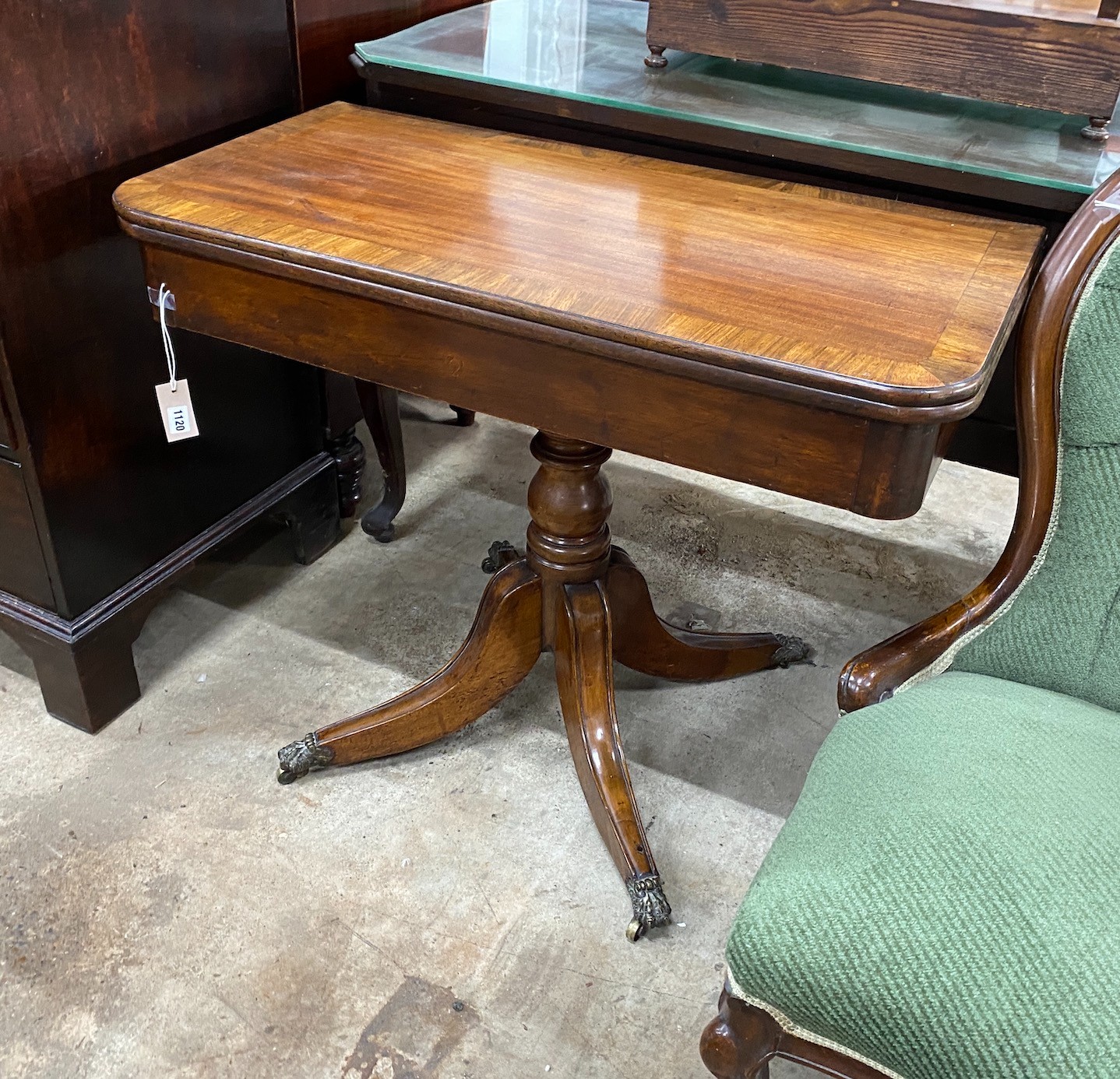 A Regency rosewood banded rectangular mahogany folding tea table, width 92cm, depth 45cm, height 73cm *Please note the sale commences at 9am.